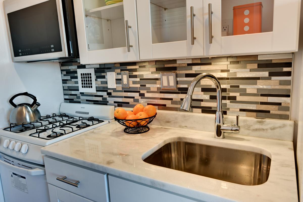 Kitchen view. Willoughby Studio Apartment For Rent in Heart of Chevy Chase, MD: Phone or text Don at 805-276-0689.